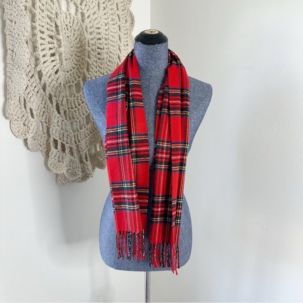 Dior Cashmaire Acrylic Tartan Plaid Red Fringe Scarf